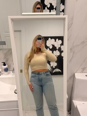 Zara Beige Ribbed Long-Sleeve Crop Top